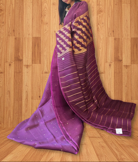 Pure Kora Silk with simple butters and meenakari pallu - Wine Purple