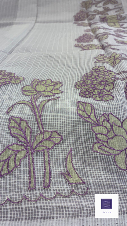 Kota cotton saree with floral embroidery and appliqué - Lavender