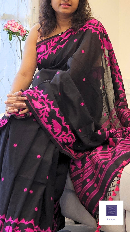 Pure Jamdani Cotton saree - Black and Pink