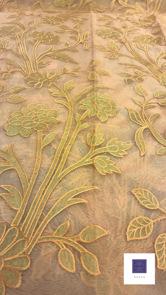 Organza Appliqué Floral Saree - Peach and Gold