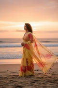 Pure Organza Silk with luxurious floral prints - Red and Yellow