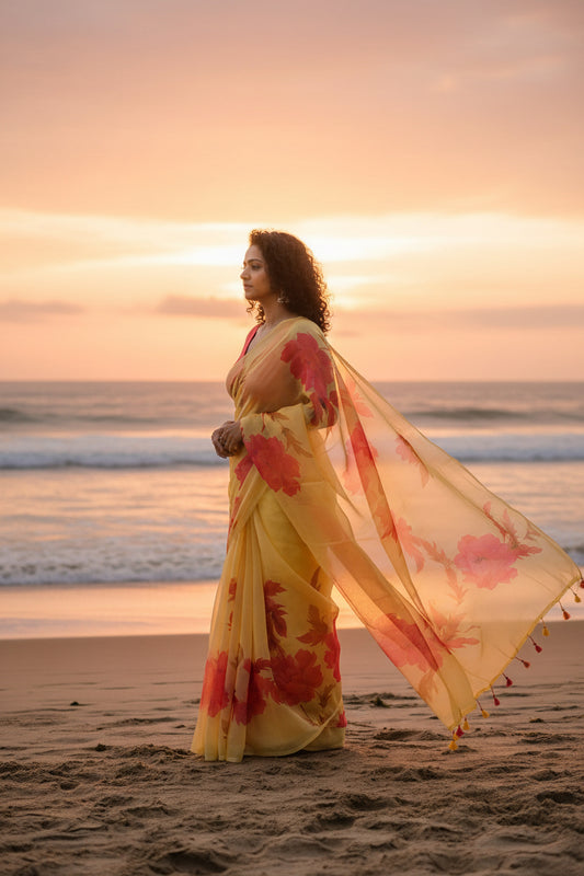 Pure Organza Silk with luxurious floral prints - Red and Yellow