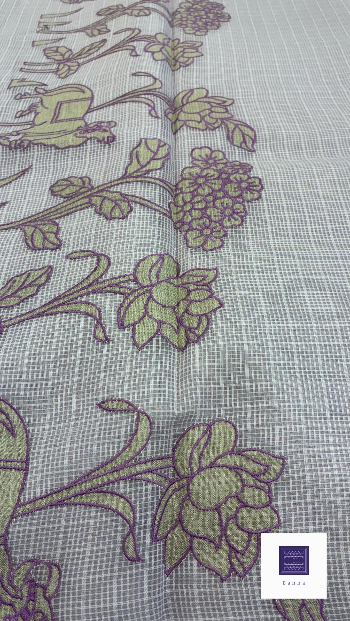 Kota cotton saree with floral embroidery and appliqué - Lavender