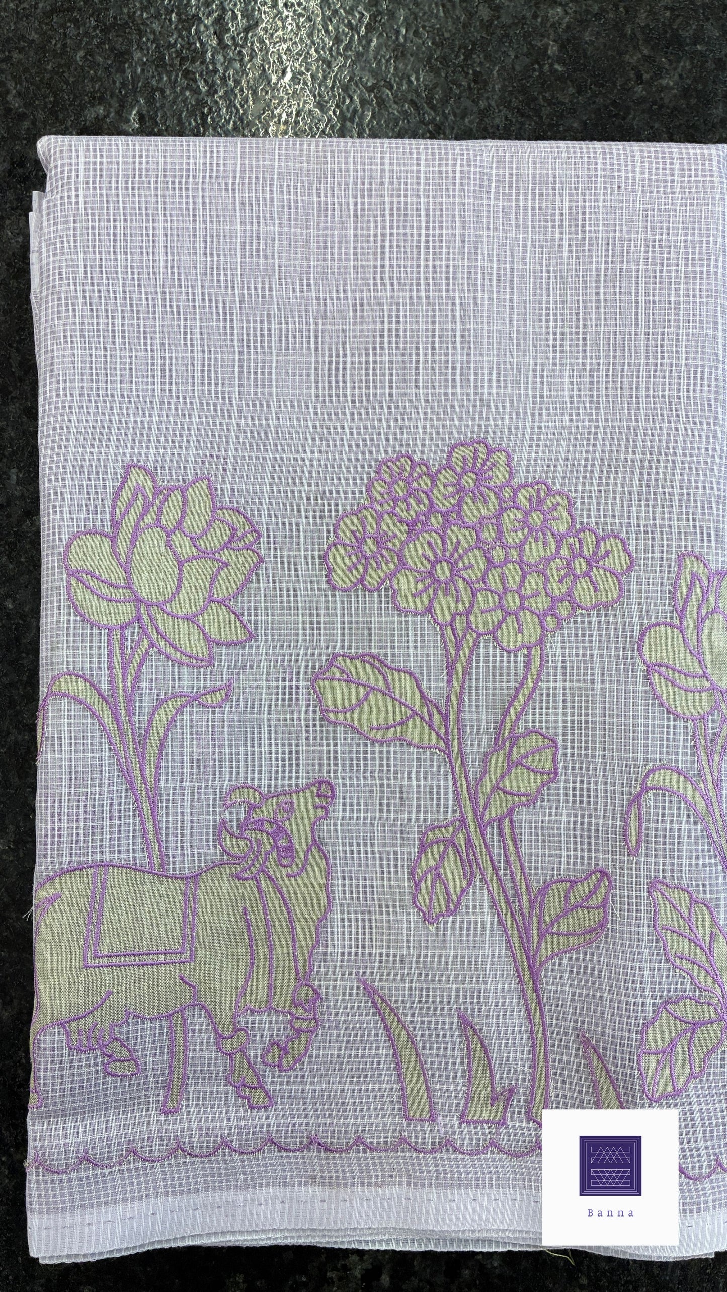 Kota cotton saree with floral embroidery and appliqué - Lavender