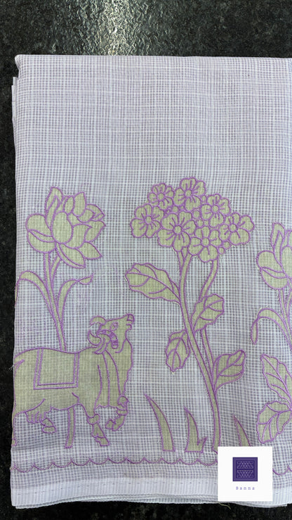 Kota cotton saree with floral embroidery and appliqué - Lavender