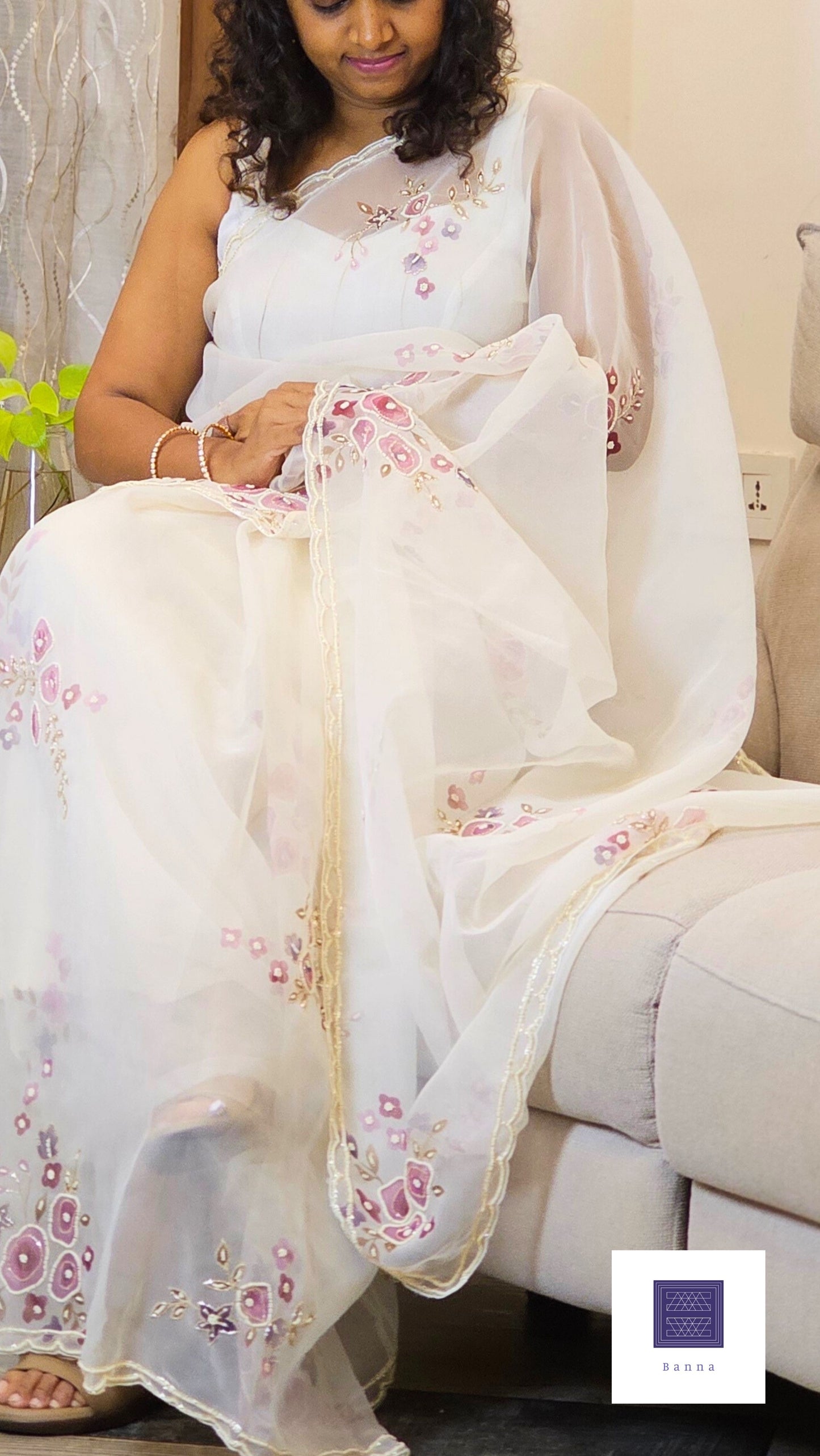 Pure Organza Handwork saree - Off white and lavender