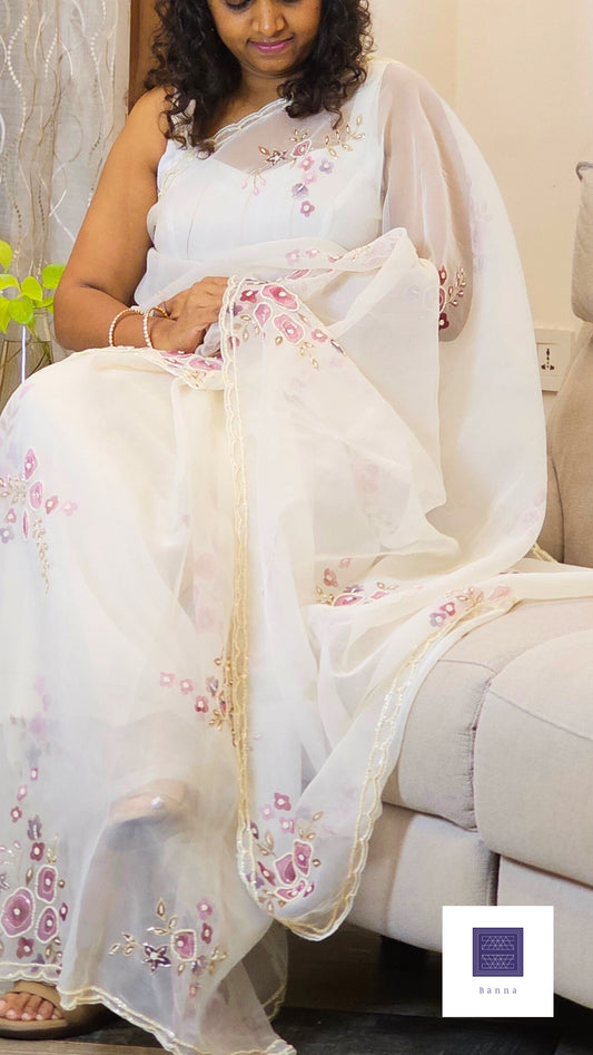 Pure Organza Handwork saree - Off white and lavender