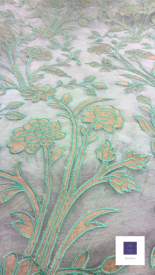 Organza Appliqué Floral Saree - Sky Blue and Gold