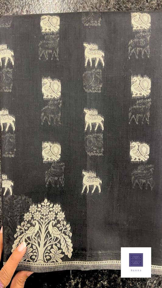 Cotton Saree with thread weaving - Black