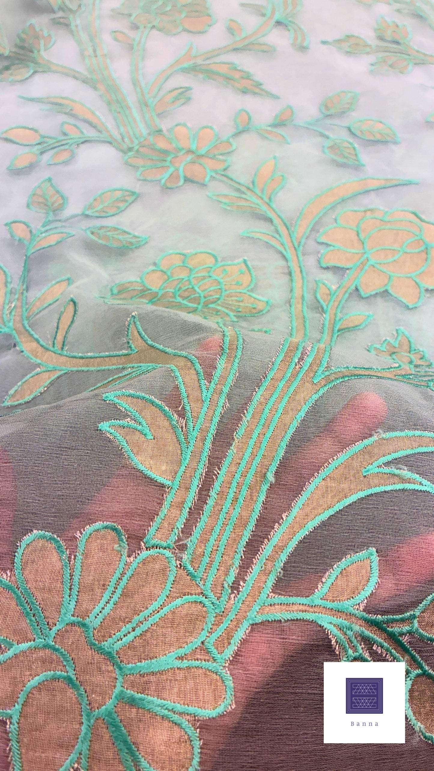 Organza Appliqué Floral Saree - Sky Blue and Gold