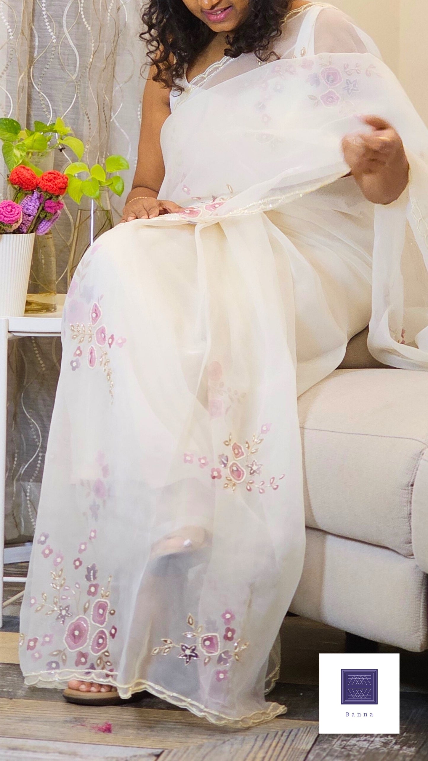 Pure Organza Handwork saree - Off white and lavender