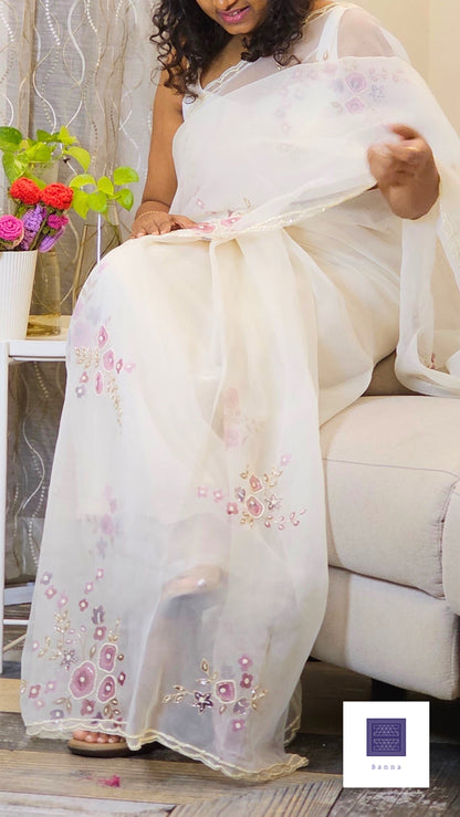 Pure Organza Handwork saree - Off white and lavender