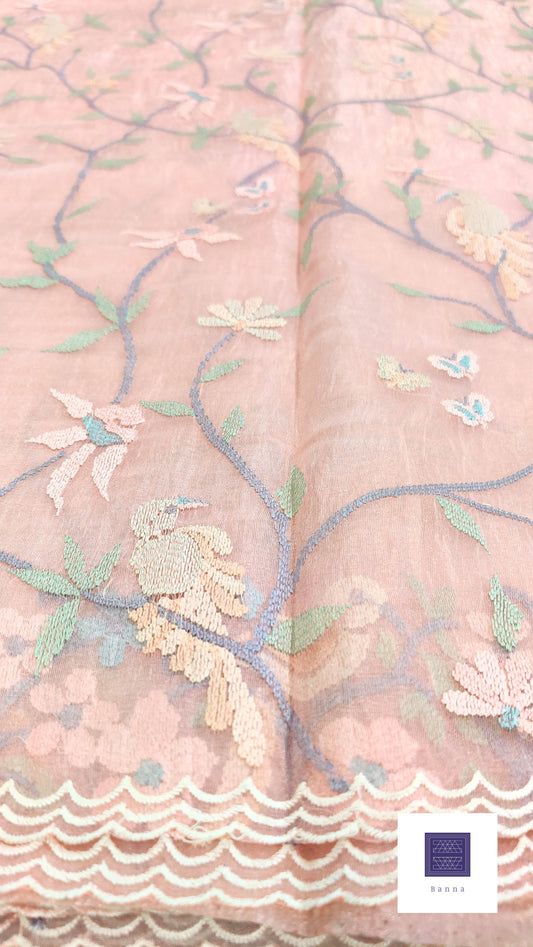 Glass Tissue Saree with bird embroidery - Baby Pink