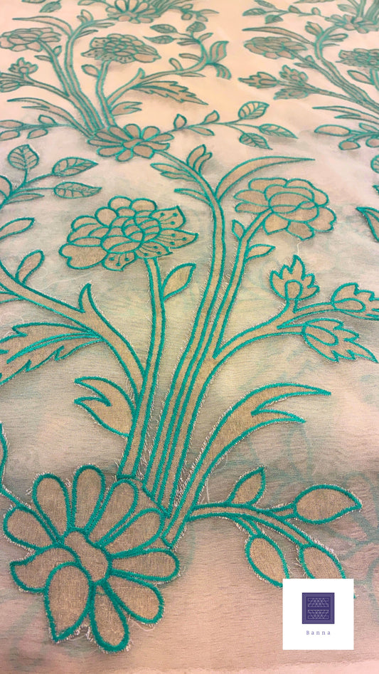 Organza Appliqué Floral Saree - Cream and Cyan