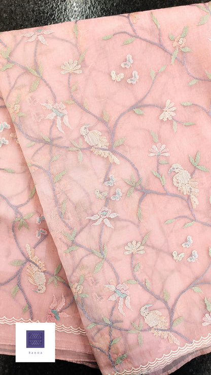 Glass Tissue Saree with bird embroidery - Baby Pink