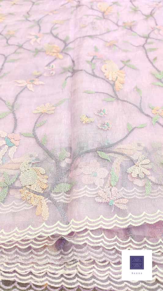 Glass Tissue Saree with bird embroidery - Lavender