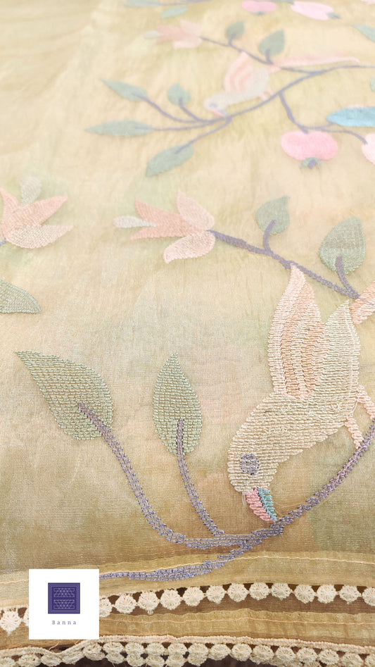 Glass Tissue Saree with bird embroidery - Light Yellow