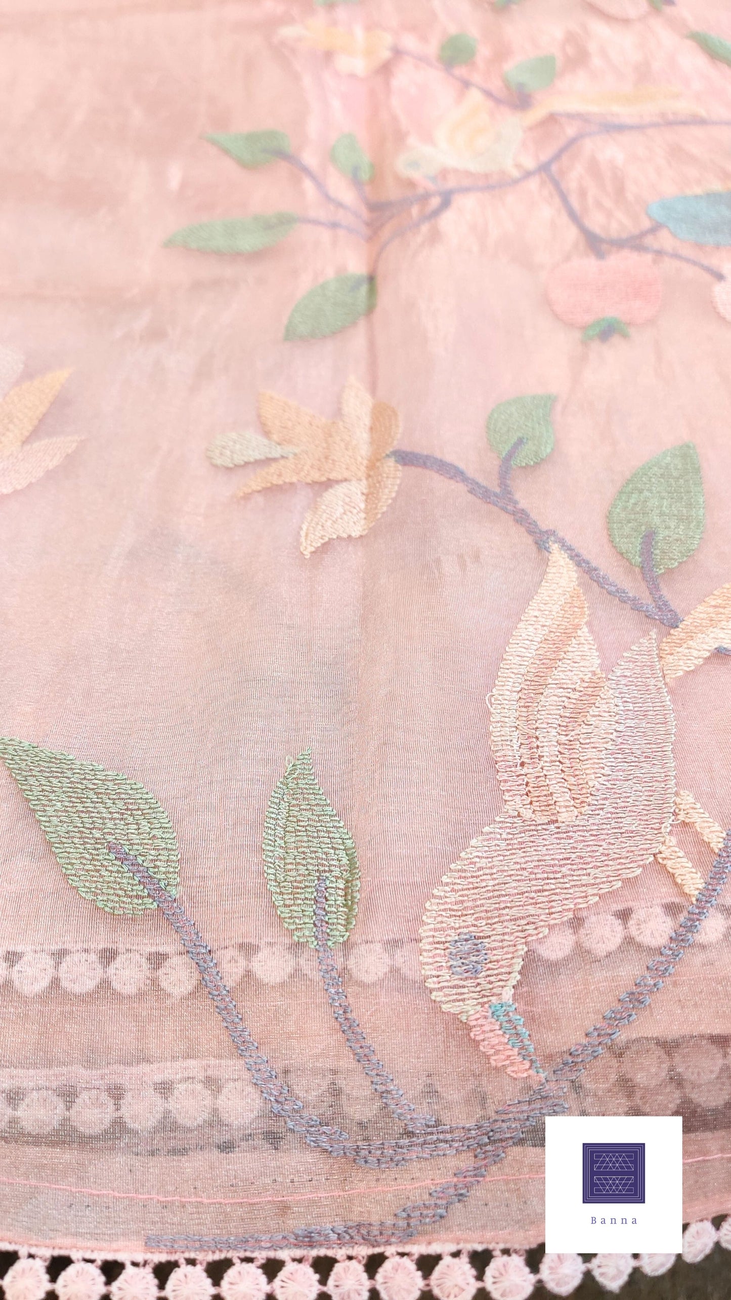 Glass Tissue Saree with bird embroidery - Pink