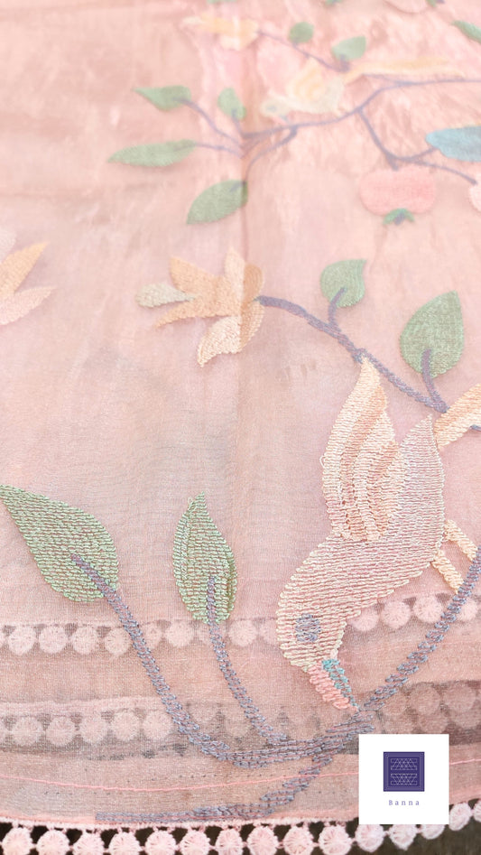 Glass Tissue Saree with bird embroidery - Pink