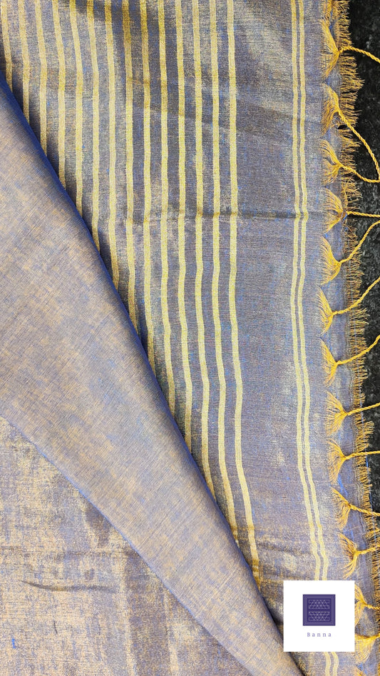 Linen Tissue Saree - Ink Blue and Gold