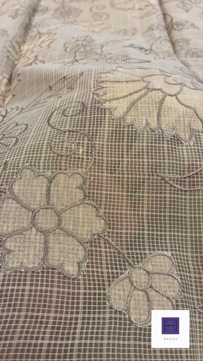 Kota cotton saree with floral embroidery and appliqué - Dark beige