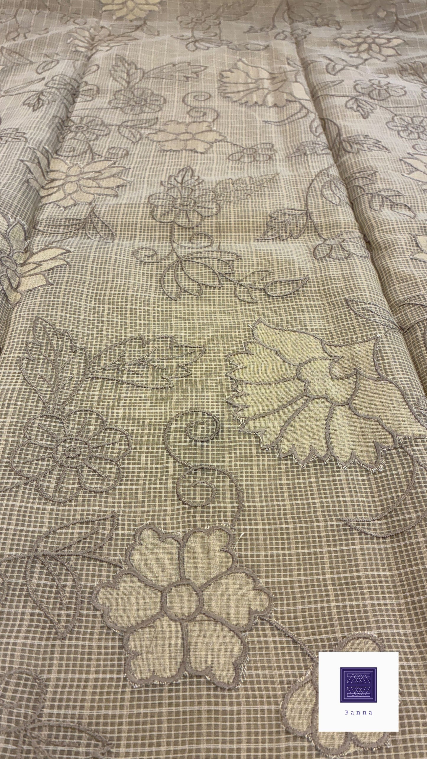 Kota cotton saree with floral embroidery and appliqué - Dark beige