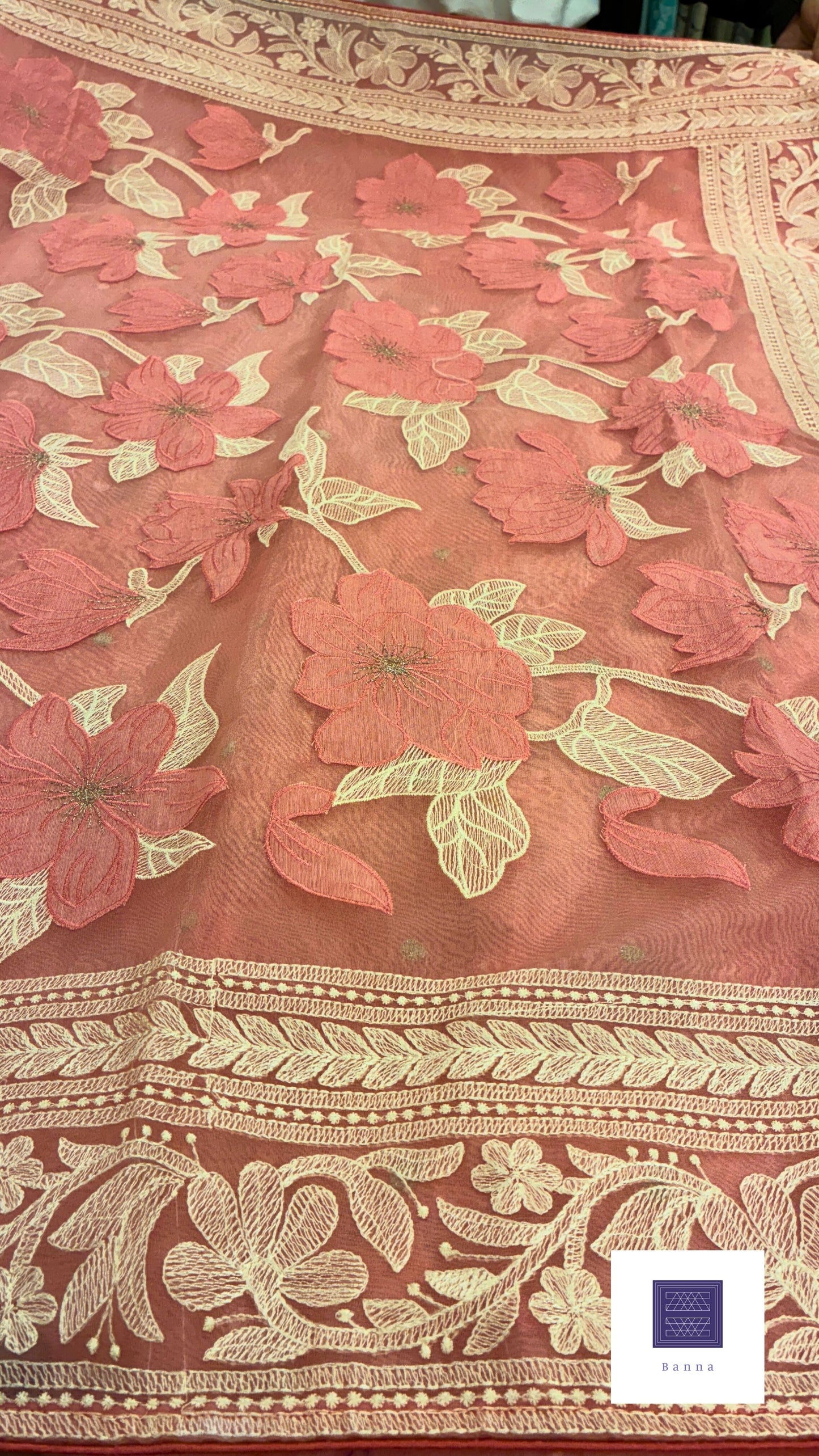 Rich Organza Appliqué and thread work saree - Pink