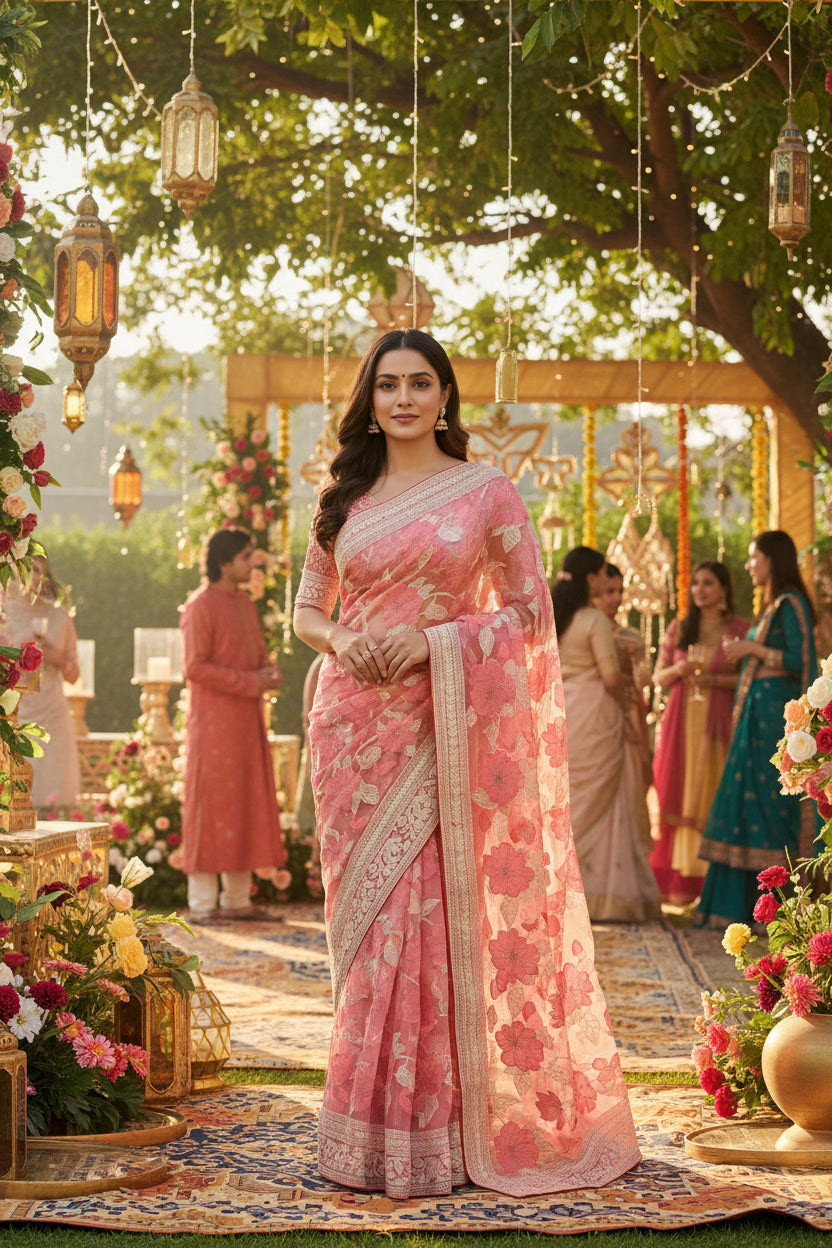 Rich Organza Appliqué and thread work saree - Pink