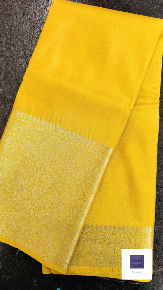 Tissue Silk Solid Long Border Saree - Yellow