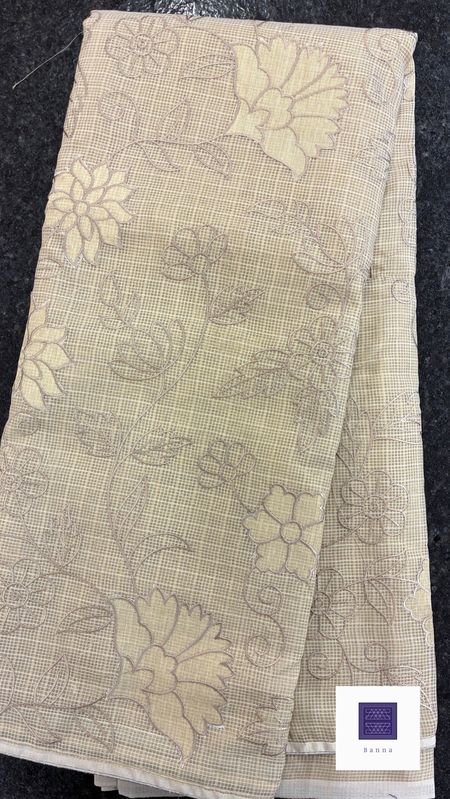 Kota cotton saree with floral embroidery and appliqué - Dark beige