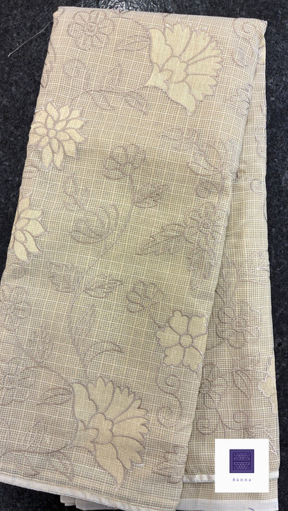 Kota cotton saree with floral embroidery and appliqué - Dark beige