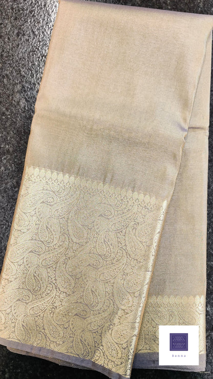 Tissue Silk Solid Long Border Saree - Light Brown Grey