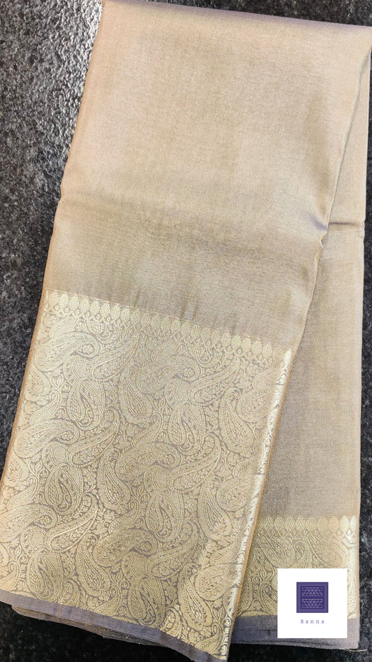 Tissue Silk Solid Long Border Saree - Light Brown Grey