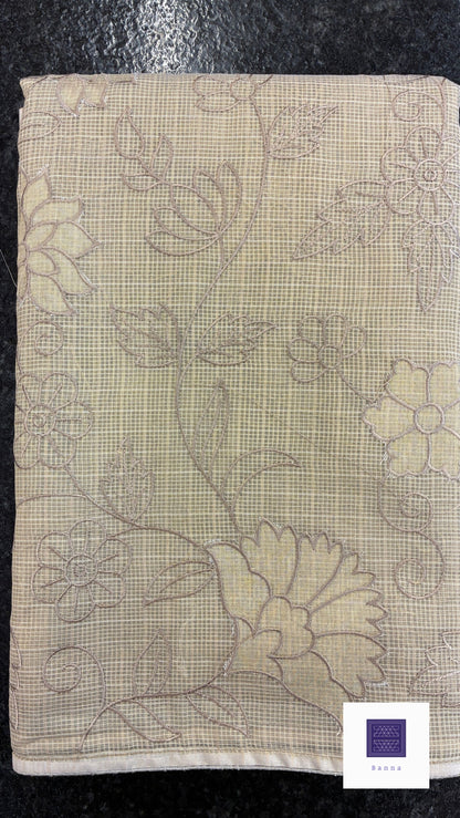 Kota cotton saree with floral embroidery and appliqué - Dark beige