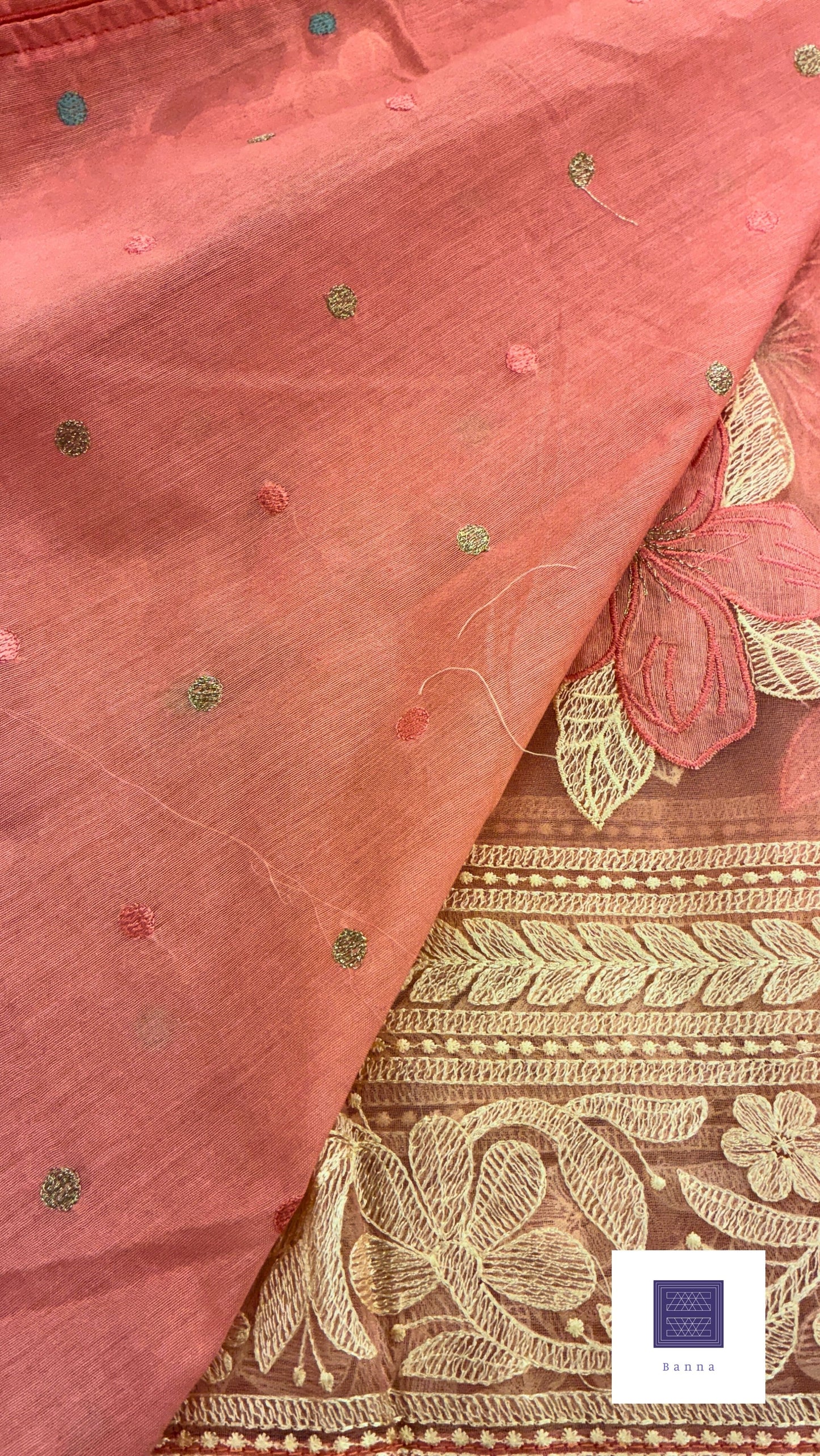 Rich Organza Appliqué and thread work saree - Pink