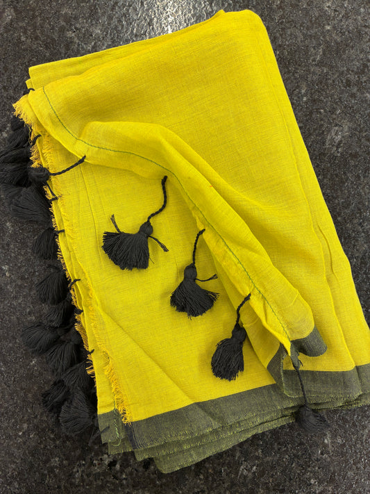 Soft Mul Cotton saree - Mustard Greenish Yellow and black border
