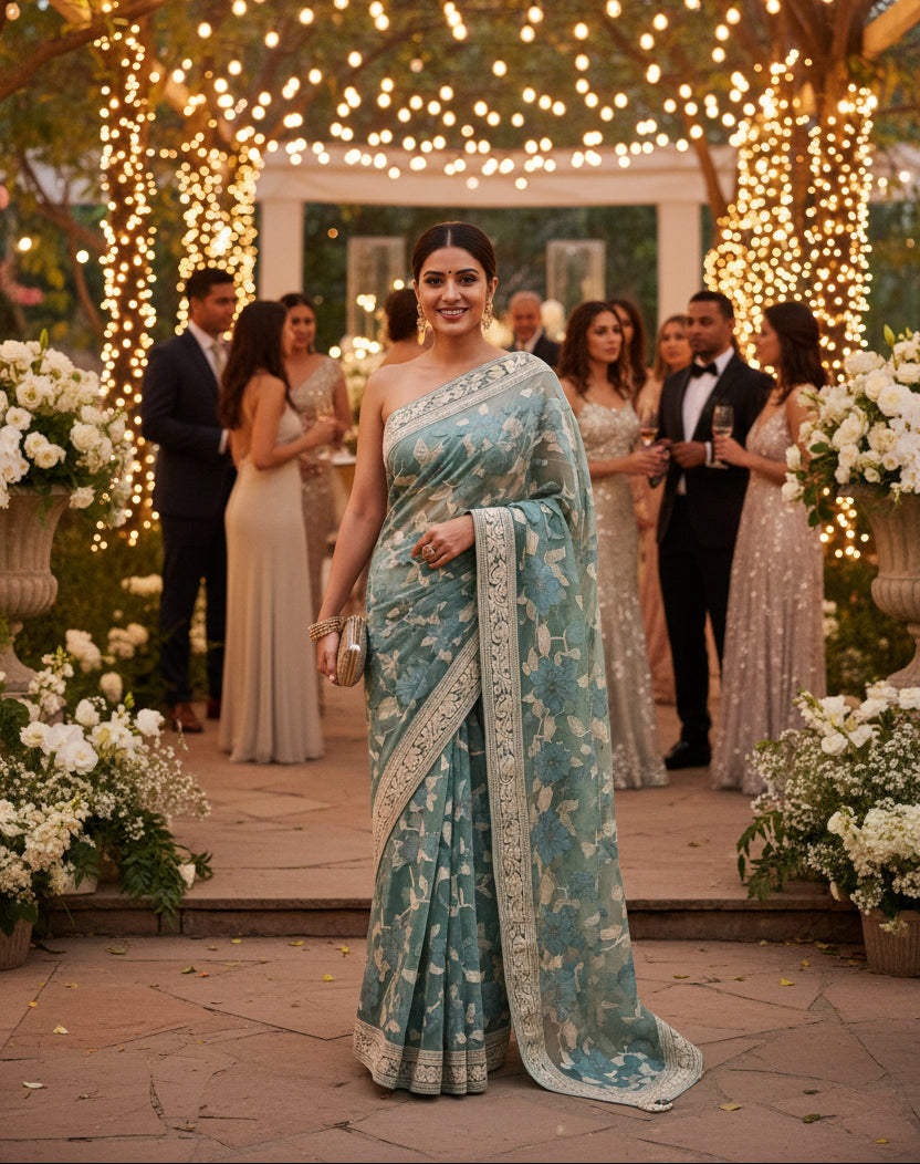 Rich Organza Appliqué and thread work saree - Greenish Blue