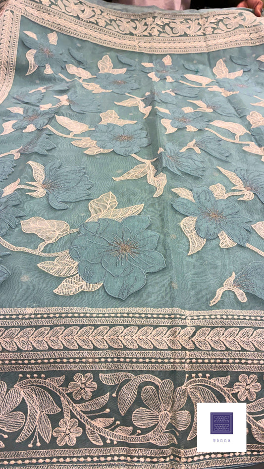 Rich Organza Appliqué and thread work saree - Greenish Blue