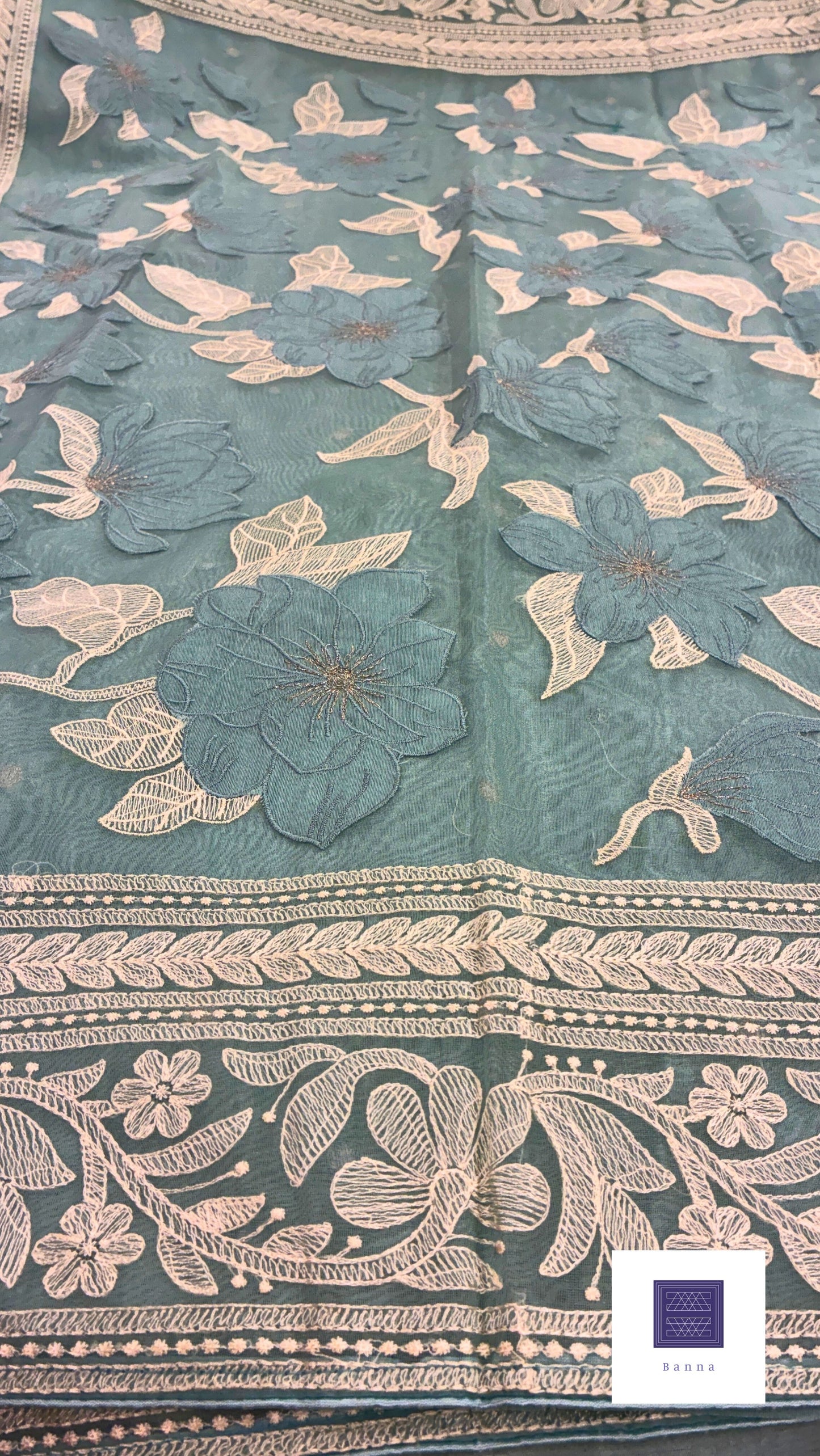 Rich Organza Appliqué and thread work saree - Greenish Blue