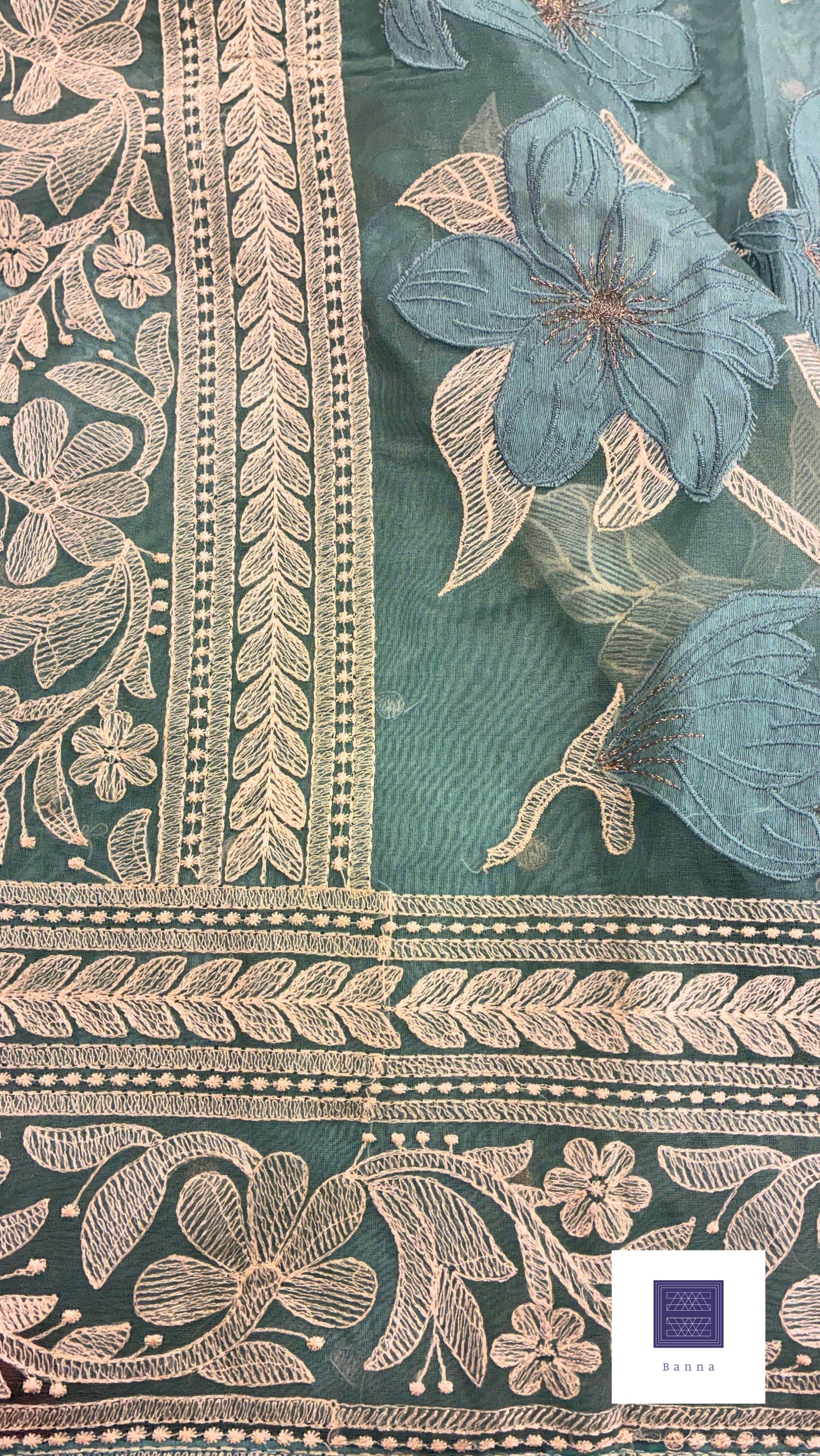 Rich Organza Appliqué and thread work saree - Greenish Blue