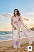 Pure Organza Silk with luxurious floral prints - White and Purple