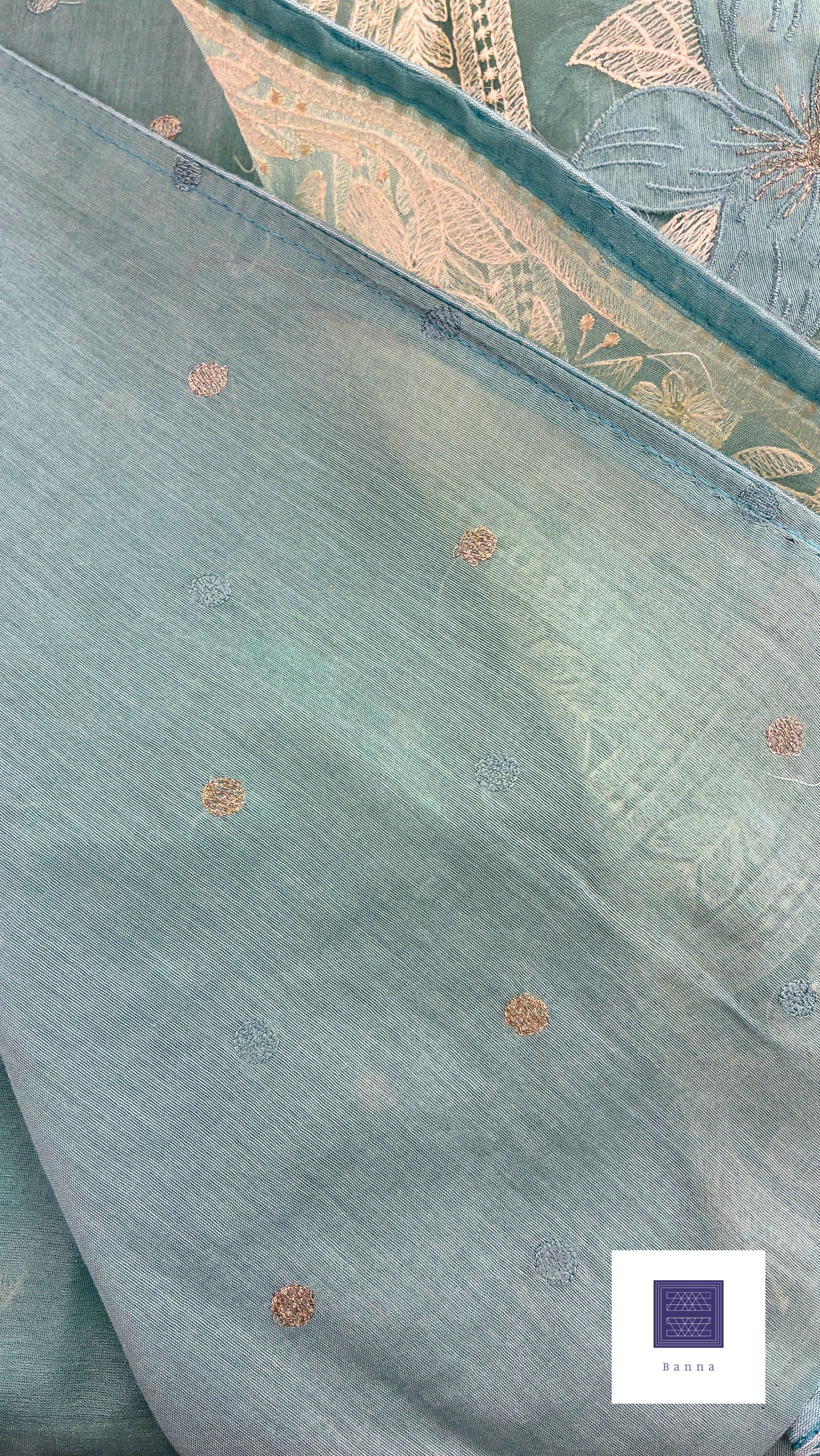 Rich Organza Appliqué and thread work saree - Greenish Blue