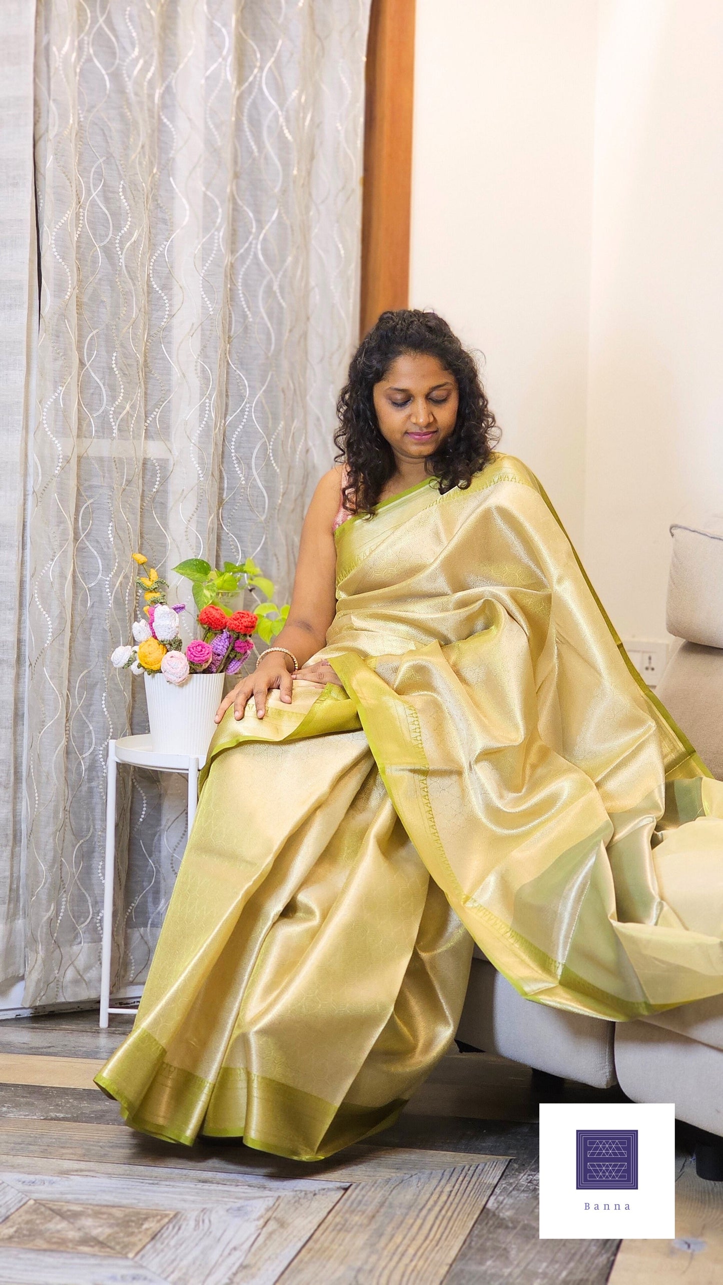 Tissue Brocade saree Kanjeevaram weaving - Gold and Pastel green