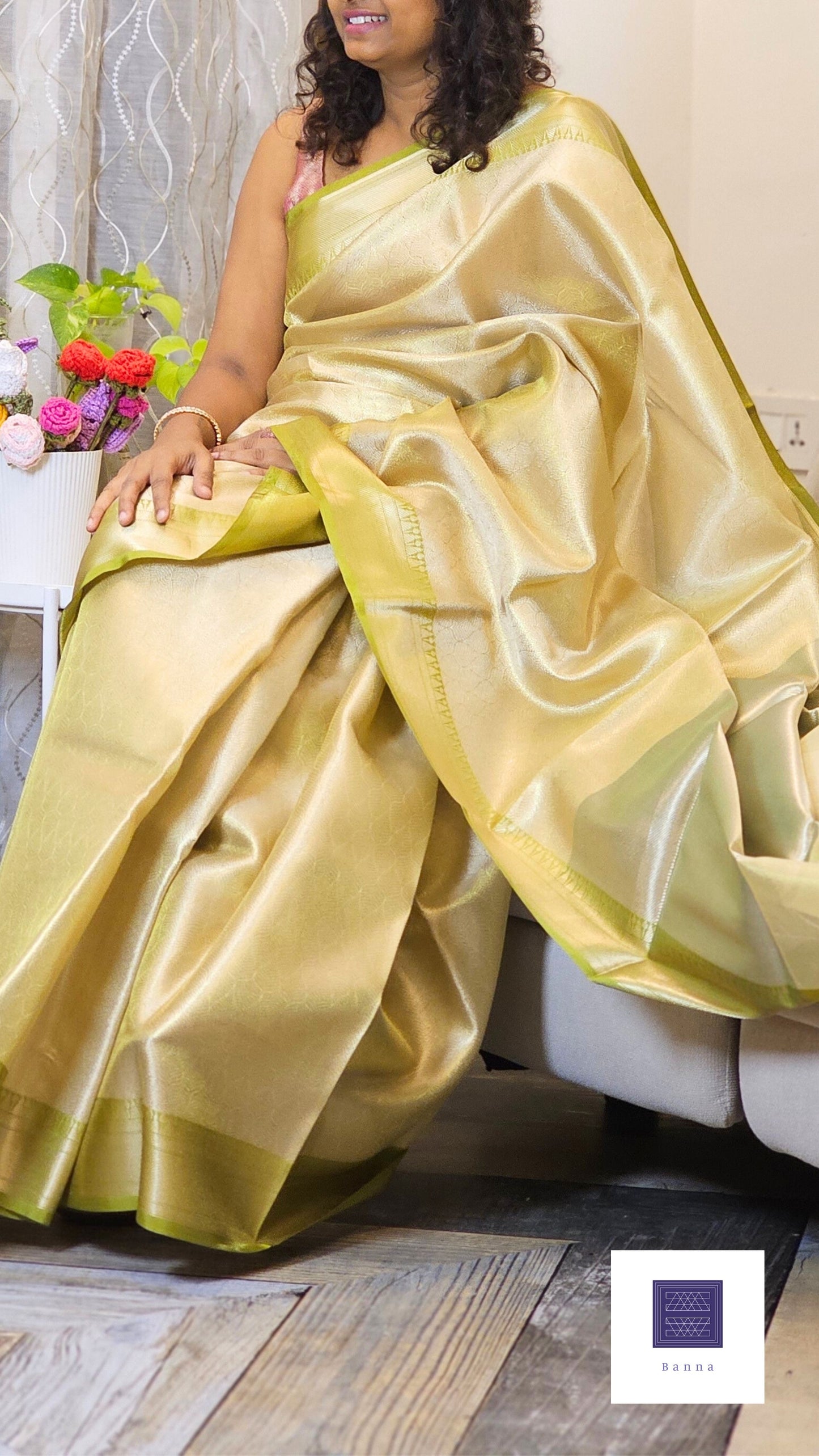 Tissue Brocade saree Kanjeevaram weaving - Gold and Pastel green
