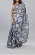 Kota cotton saree with floral embroidery and appliqué - Dark Grey