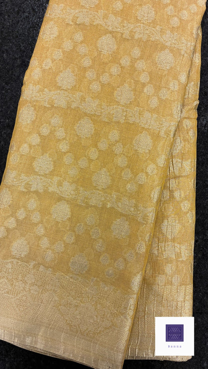 Banarasi Crush Tissue Saree in Jaali pattern- Gold and Yellow