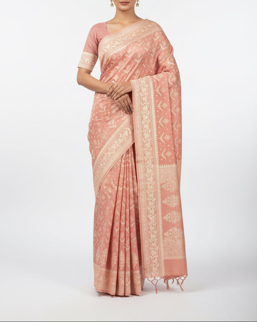 Jamdhani Cotton Saree with Silk thread work (Resham) - Baby Pink
