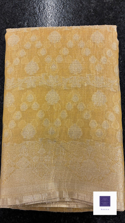 Banarasi Crush Tissue Saree in Jaali pattern- Gold and Yellow