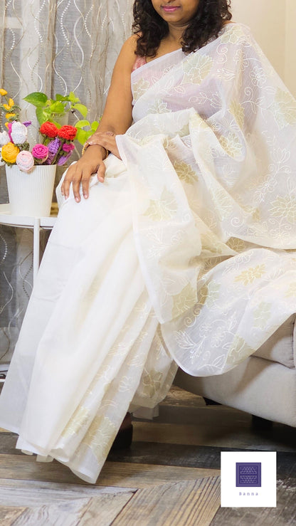 Kota cotton saree with floral embroidery and appliqué - Off White