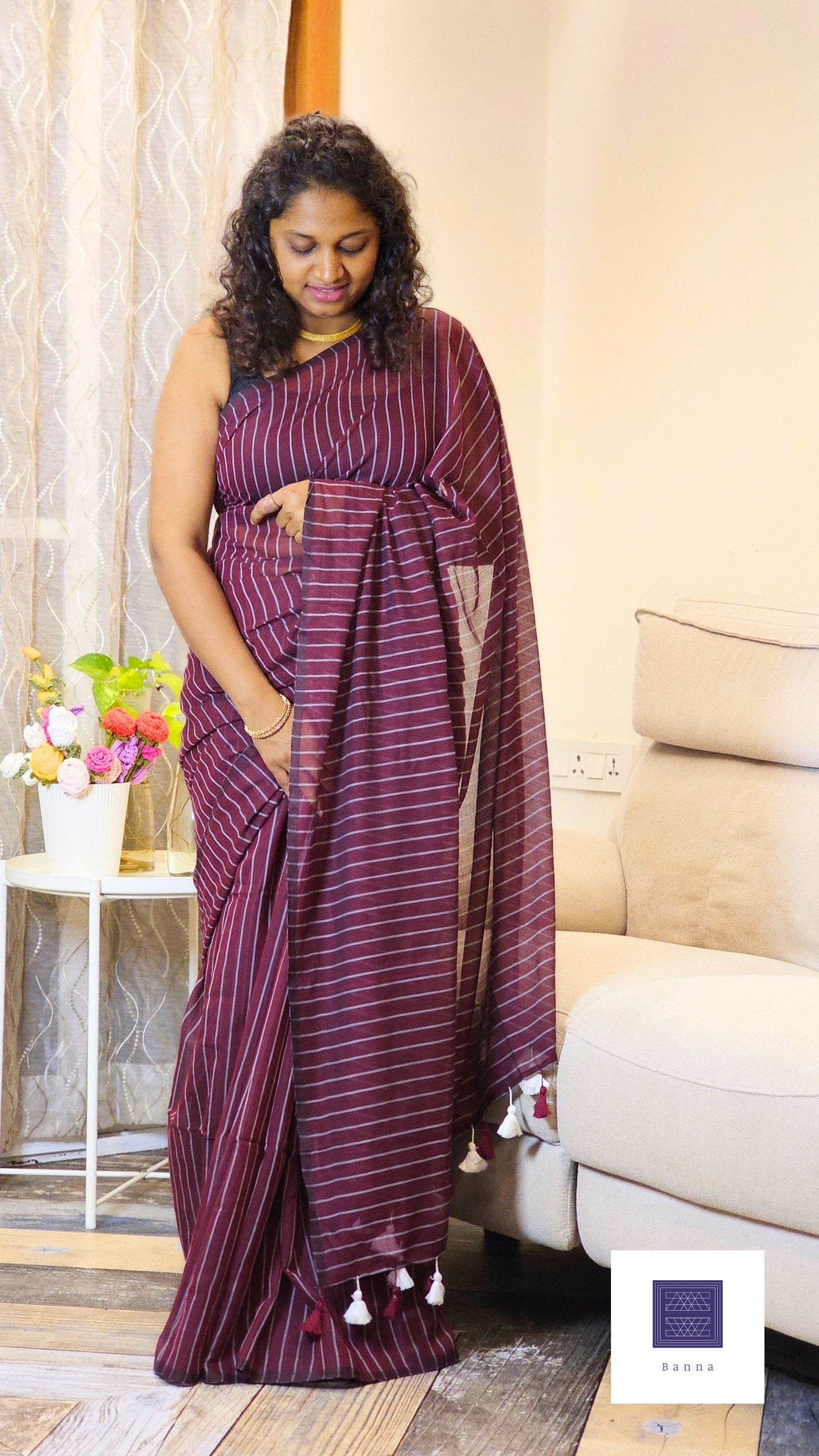 Soft Mul Striped Cotton saree - Dark Purple wine